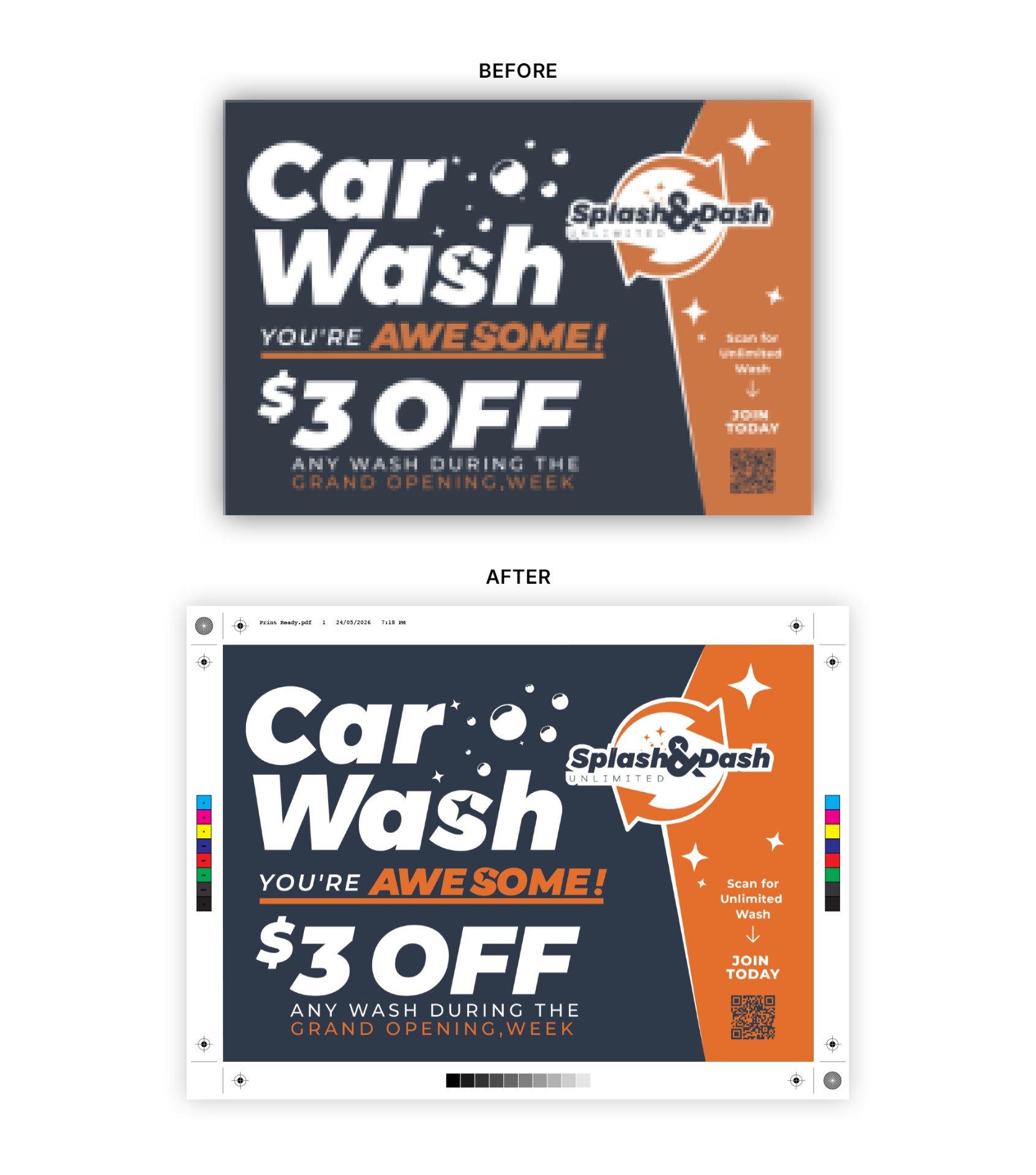 Before and after: a blurry AI-generated logo and flat flyer recreated as clean vector files and a print-ready PDF with crop marks